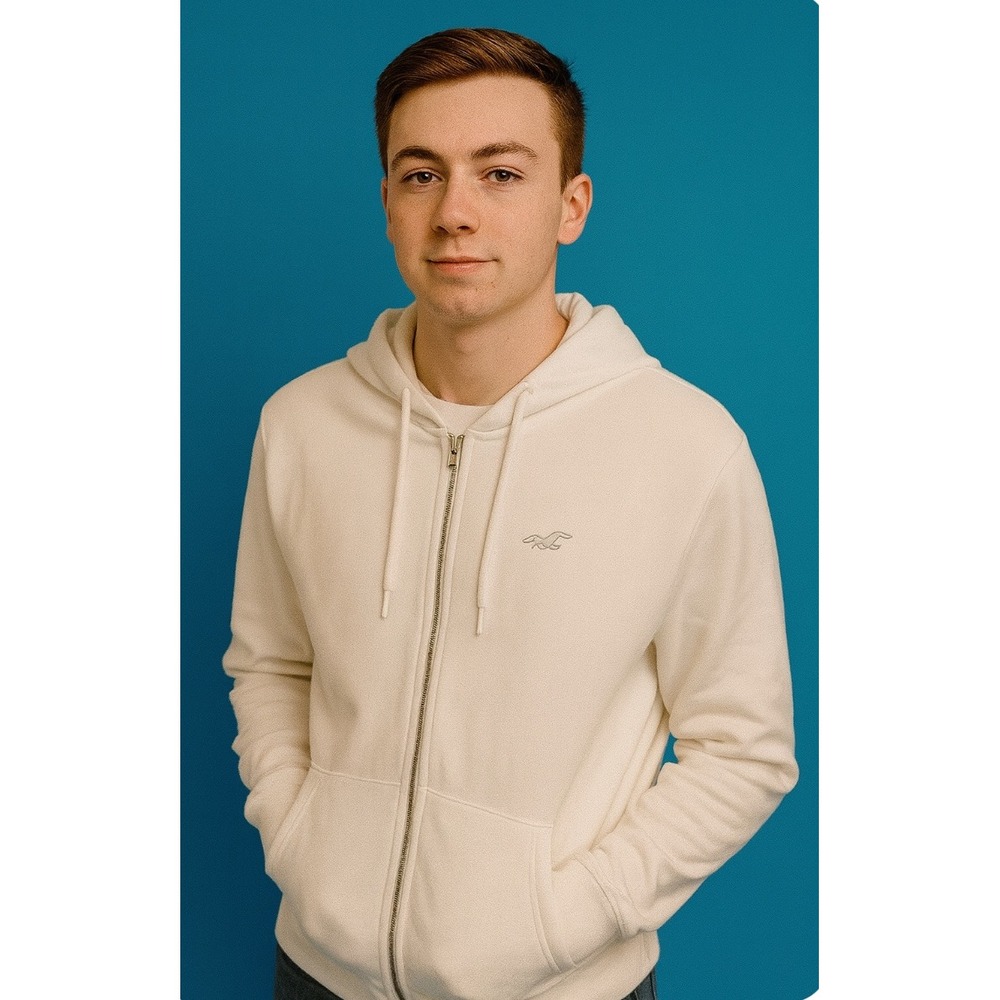 Hollister Full Zip Up Hoodie Sweatshirt Casual Comfy White Mens L